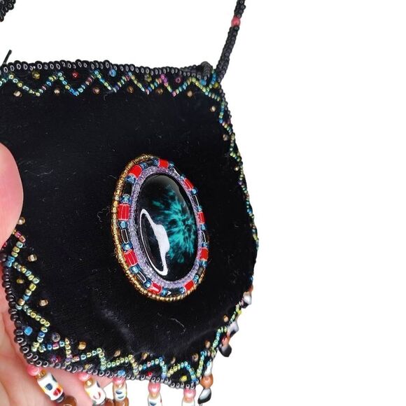 Vintage Velvet Amulet Front Beaded Boho Cross Body Medicine Coin Bag - Picture 7 of 9